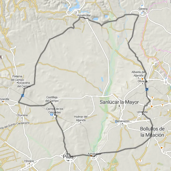 Map miniature of "Andalusian Charm" cycling inspiration in Andalucía, Spain. Generated by Tarmacs.app cycling route planner