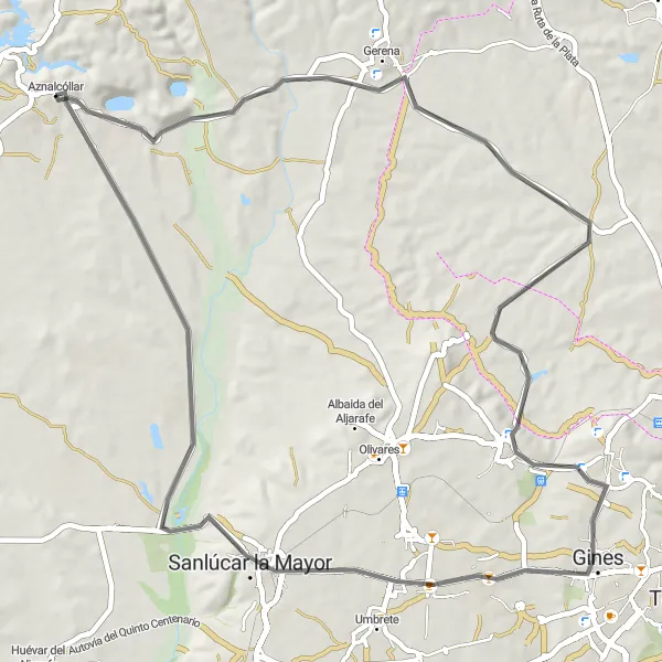 Miniatura mapy "Szlak Rowerowy Gerena i okolice" - trasy rowerowej w Andalucía, Spain. Wygenerowane przez planer tras rowerowych Tarmacs.app