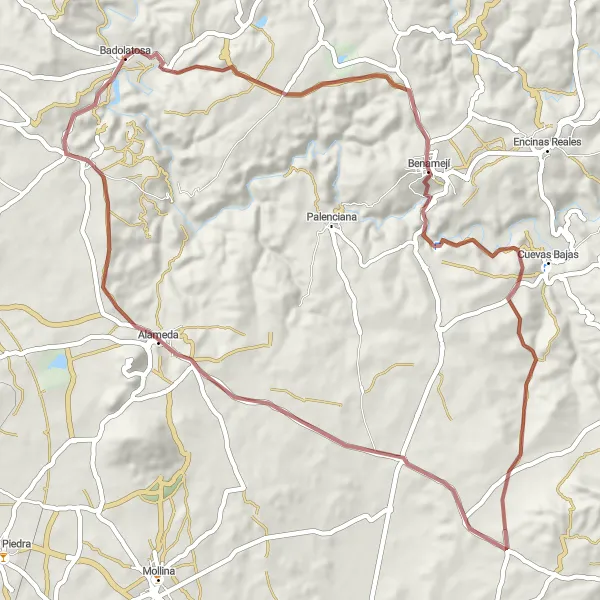 Miniatura della mappa di ispirazione al ciclismo "Avventura ciclistica da Badolatosa a Benamejí" nella regione di Andalucía, Spain. Generata da Tarmacs.app, pianificatore di rotte ciclistiche