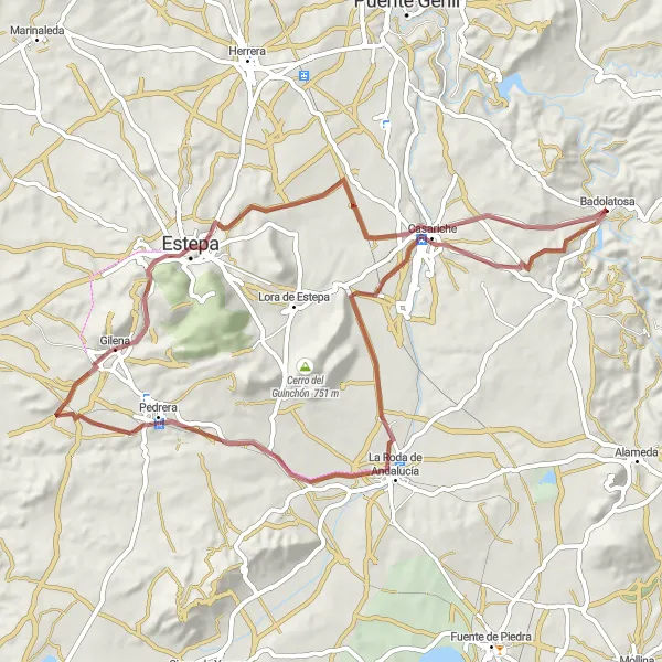 Miniatura della mappa di ispirazione al ciclismo "Gravel Route around Badolatosa" nella regione di Andalucía, Spain. Generata da Tarmacs.app, pianificatore di rotte ciclistiche