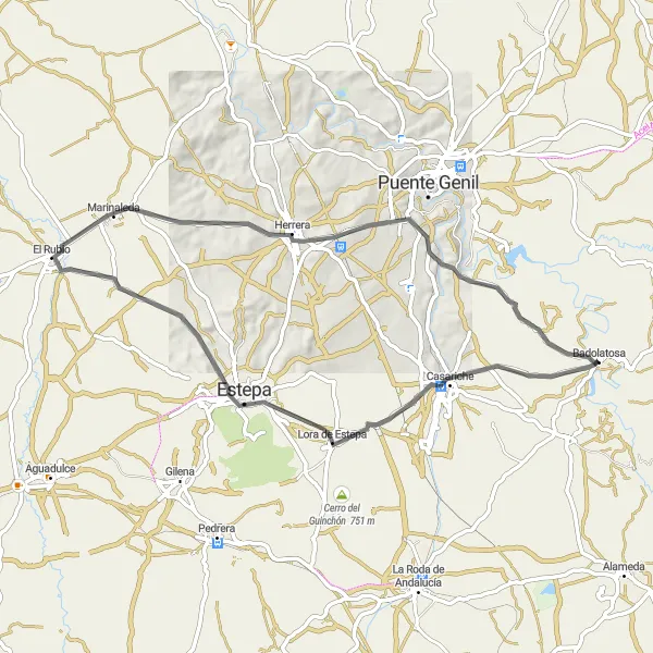 Miniatuurkaart van de fietsinspiratie "Boeiende wegfietsroute naar Lora de Estepa en Herrera" in Andalucía, Spain. Gemaakt door de Tarmacs.app fietsrouteplanner