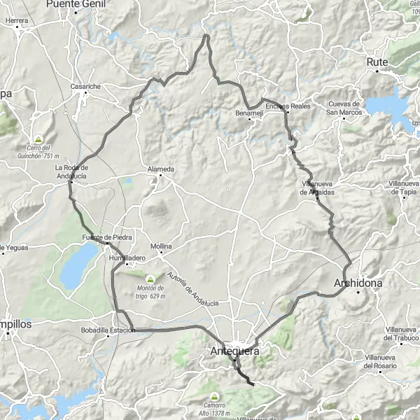 Miniatura della mappa di ispirazione al ciclismo "Giro panoramico da Badolatosa a La Roda de Andalucía" nella regione di Andalucía, Spain. Generata da Tarmacs.app, pianificatore di rotte ciclistiche