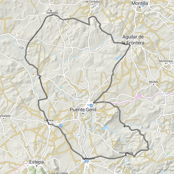 Miniatura della mappa di ispirazione al ciclismo "Tour ciclistico tra Casariche e Santaella" nella regione di Andalucía, Spain. Generata da Tarmacs.app, pianificatore di rotte ciclistiche