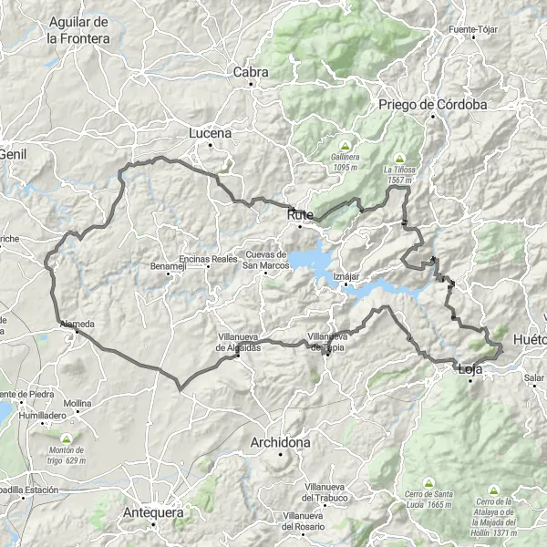 Miniatura della mappa di ispirazione al ciclismo "Percorso ciclistico di 180 km - Avventura in bicicletta da Badolatosa a Alameda" nella regione di Andalucía, Spain. Generata da Tarmacs.app, pianificatore di rotte ciclistiche