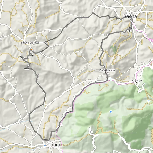 Miniatua del mapa de inspiración ciclista "Ruta al Castillo de Doña Mencía y Nueva Carteya" en Andalucía, Spain. Generado por Tarmacs.app planificador de rutas ciclistas