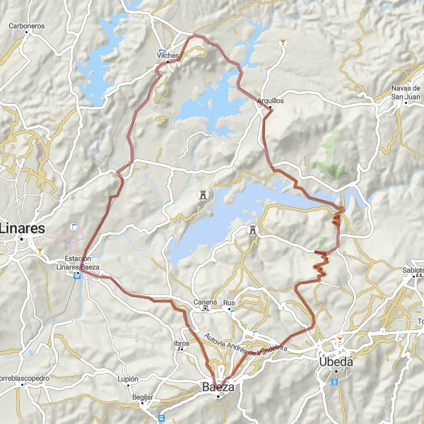 Miniatura mapy "Przejażdżka wokół Estación Linares-Baeza" - trasy rowerowej w Andalucía, Spain. Wygenerowane przez planer tras rowerowych Tarmacs.app