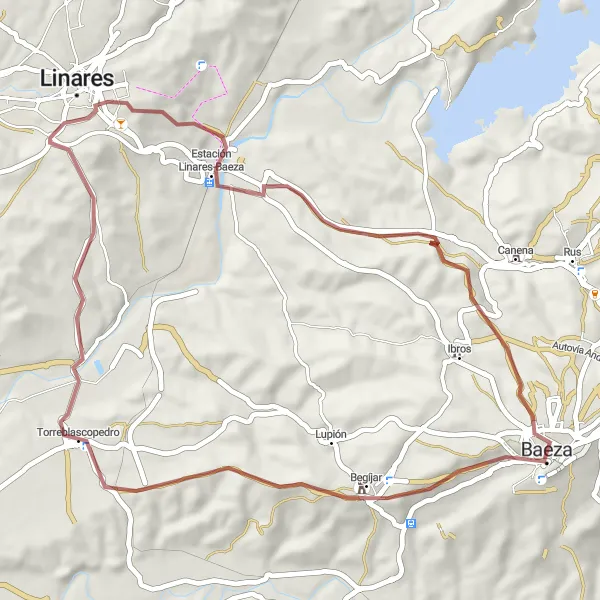 Miniature de la carte de l'inspiration cycliste "Randonnée gravel à Baeza" dans la Andalucía, Spain. Générée par le planificateur d'itinéraire cycliste Tarmacs.app