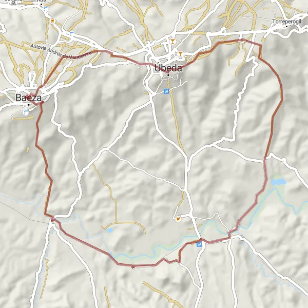 Miniature de la carte de l'inspiration cycliste "Parcours Gravel de Mirador de San Francisco à Baeza" dans la Andalucía, Spain. Générée par le planificateur d'itinéraire cycliste Tarmacs.app