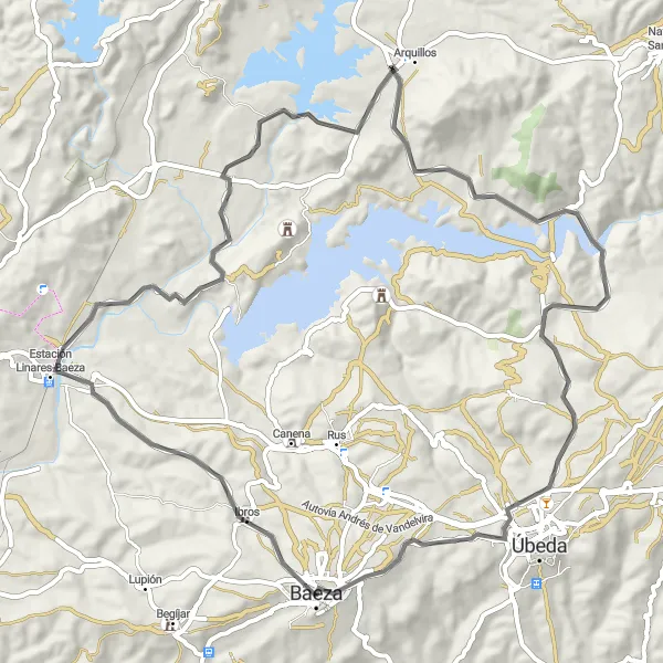 Miniature de la carte de l'inspiration cycliste "Exploration de Ibros et Arquillos" dans la Andalucía, Spain. Générée par le planificateur d'itinéraire cycliste Tarmacs.app
