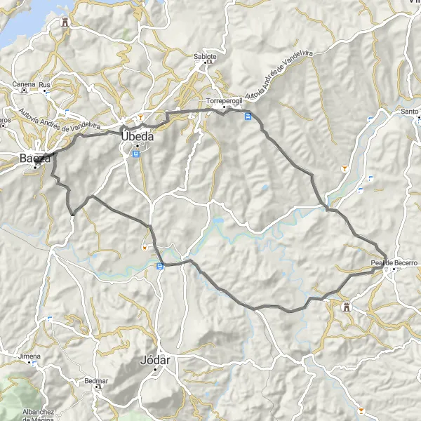 Miniatuurkaart van de fietsinspiratie "Baeza en Omliggende Dorpen Road Cycling Route" in Andalucía, Spain. Gemaakt door de Tarmacs.app fietsrouteplanner