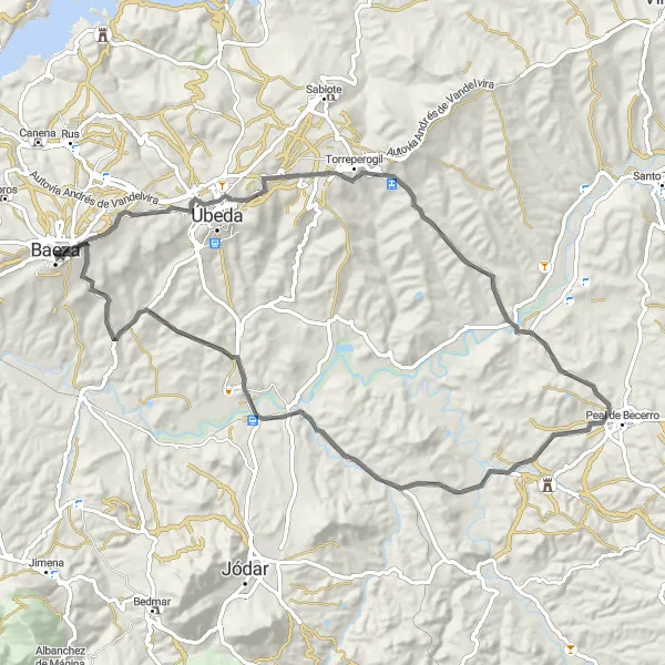 Miniatuurkaart van de fietsinspiratie "Torre de los Aliatares en Baeza Road Cycling Route" in Andalucía, Spain. Gemaakt door de Tarmacs.app fietsrouteplanner