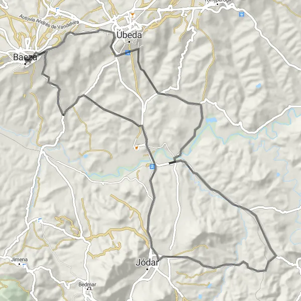 Miniature de la carte de l'inspiration cycliste "Parcours Route de Baeza à Castillo de Jódar" dans la Andalucía, Spain. Générée par le planificateur d'itinéraire cycliste Tarmacs.app