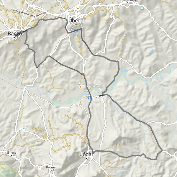 Miniatuurkaart van de fietsinspiratie "Wegfietsroute naar Castillo de Jódar" in Andalucía, Spain. Gemaakt door de Tarmacs.app fietsrouteplanner