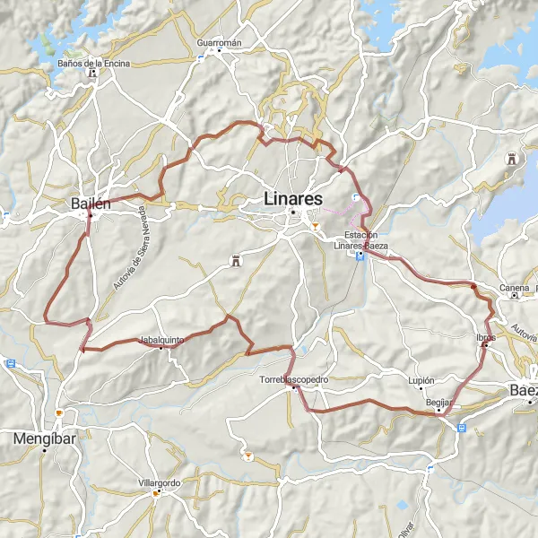 Miniaturní mapa "Gravel Trasa kolem Bailénu" inspirace pro cyklisty v oblasti Andalucía, Spain. Vytvořeno pomocí plánovače tras Tarmacs.app