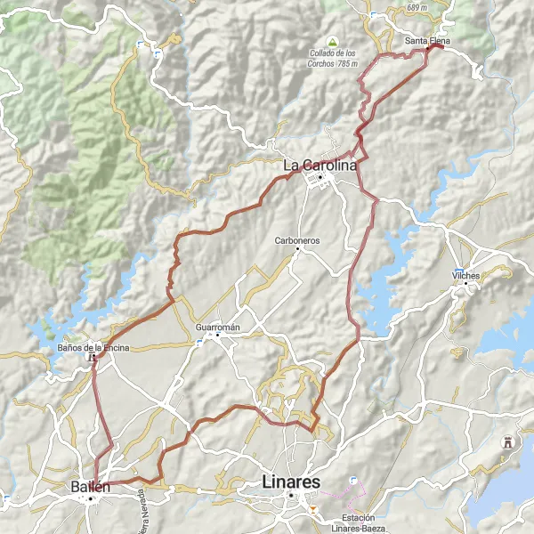 Miniaturní mapa "Gravel Trasa Kolem Bailénu" inspirace pro cyklisty v oblasti Andalucía, Spain. Vytvořeno pomocí plánovače tras Tarmacs.app
