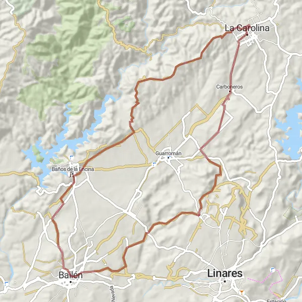 Miniaturekort af cykelinspirationen "Grusvejcykelrute fra Bailén til Carboneros og La Carolina" i Andalucía, Spain. Genereret af Tarmacs.app cykelruteplanlægger