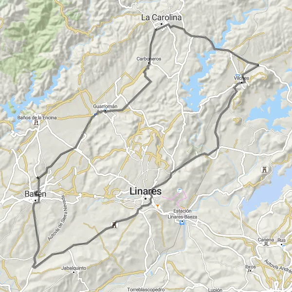Miniaturní mapa "Okruh kolem Bailénu a okolí" inspirace pro cyklisty v oblasti Andalucía, Spain. Vytvořeno pomocí plánovače tras Tarmacs.app