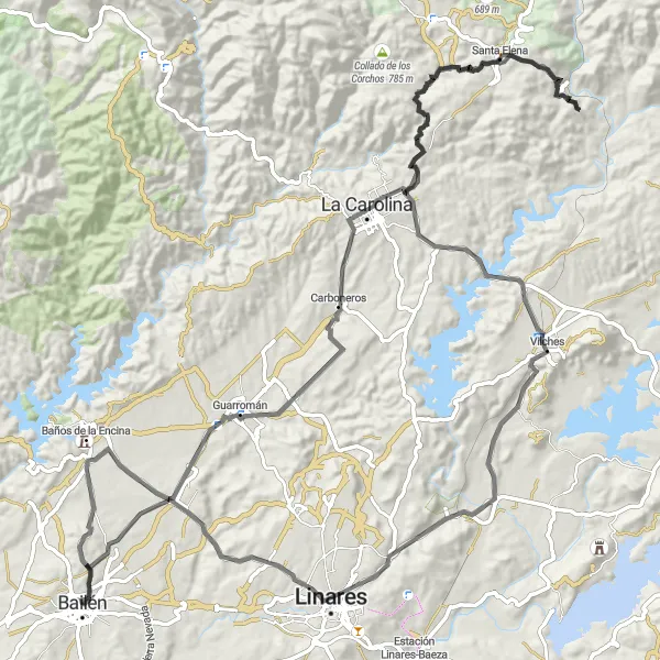 Miniaturní mapa "Okružní cyklistická trasa Bailén - Castillo de Burgalimar" inspirace pro cyklisty v oblasti Andalucía, Spain. Vytvořeno pomocí plánovače tras Tarmacs.app