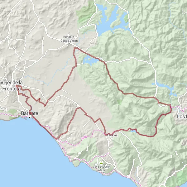 Miniaturní mapa "Vyzývavá trasa kolem Barbate" inspirace pro cyklisty v oblasti Andalucía, Spain. Vytvořeno pomocí plánovače tras Tarmacs.app