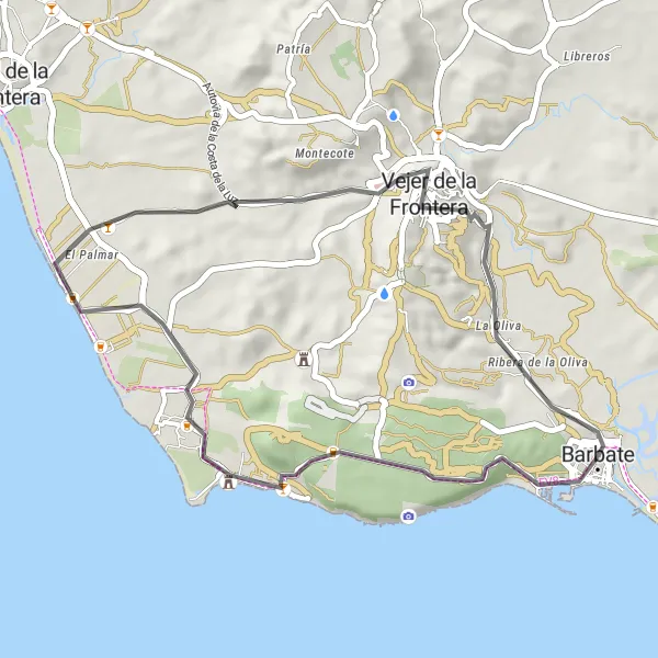 Miniatua del mapa de inspiración ciclista "Recorrido a las Termas romanas del Cabo de Trafalgar" en Andalucía, Spain. Generado por Tarmacs.app planificador de rutas ciclistas
