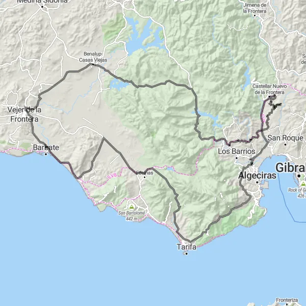 Map miniature of "Barbate to Estación Férrea Loop" cycling inspiration in Andalucía, Spain. Generated by Tarmacs.app cycling route planner