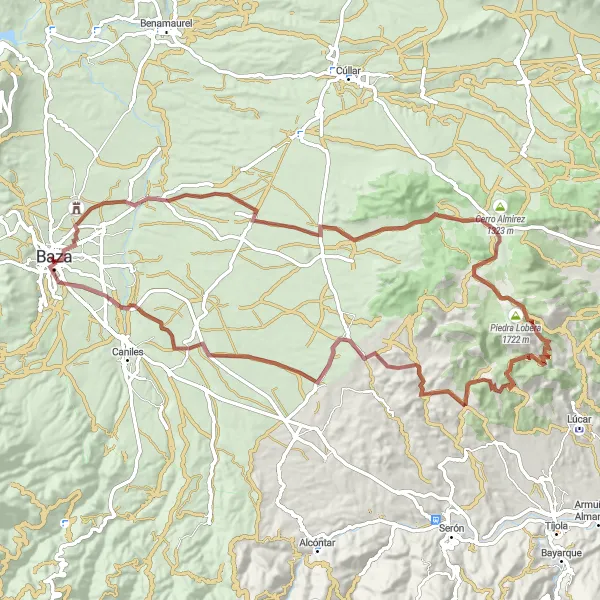 Miniatura della mappa di ispirazione al ciclismo "Esplorazione gravellata da Baza a Palacio de los Enríquez" nella regione di Andalucía, Spain. Generata da Tarmacs.app, pianificatore di rotte ciclistiche