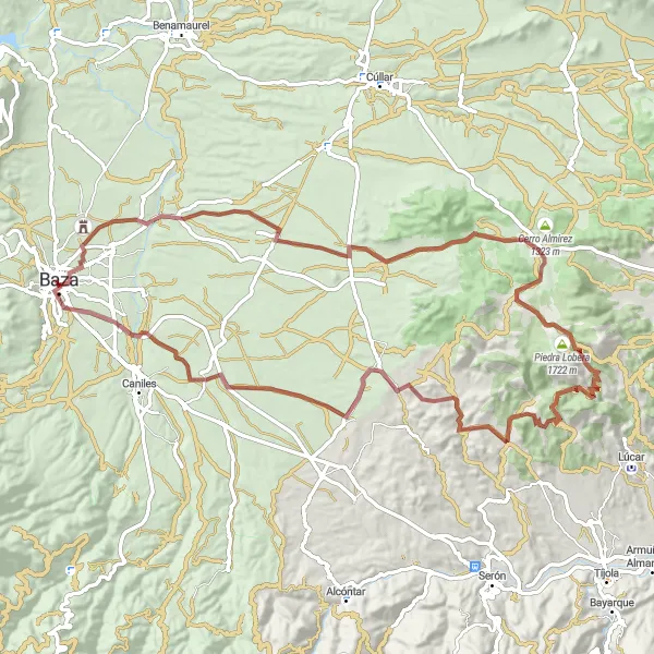 Miniatuurkaart van de fietsinspiratie "Gravelroute rond Baza" in Andalucía, Spain. Gemaakt door de Tarmacs.app fietsrouteplanner