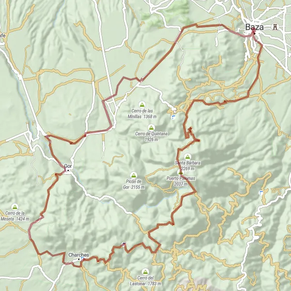 Miniatuurkaart van de fietsinspiratie "Gravelroute vanuit Baza naar Palacio de los Enríquez en Gor" in Andalucía, Spain. Gemaakt door de Tarmacs.app fietsrouteplanner