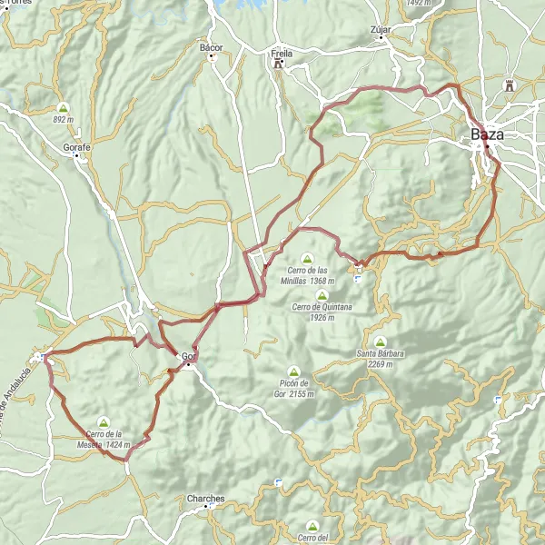 Miniaturní mapa "Okružní cyklistická trasa Baza - Torre de las Cinco Esquinas" inspirace pro cyklisty v oblasti Andalucía, Spain. Vytvořeno pomocí plánovače tras Tarmacs.app