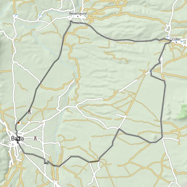 Miniatua del mapa de inspiración ciclista "Ruta de Baza a Benamaurel y La Torre del Alabi" en Andalucía, Spain. Generado por Tarmacs.app planificador de rutas ciclistas