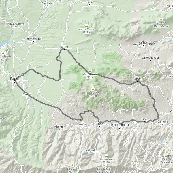 Miniatura mapy "Trasa Baza - La Jámula - La Torre del Alabi y Ermita - Peñón Rajado - Cerro de la Cruz - Oria - Partaloa - Fines - Purchena - Tíjola - El Hijate - Baza" - trasy rowerowej w Andalucía, Spain. Wygenerowane przez planer tras rowerowych Tarmacs.app
