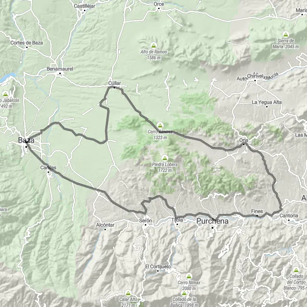 Miniaturekort af cykelinspirationen "Rundtur fra Baza til El Hijate via forskellige landsbyer" i Andalucía, Spain. Genereret af Tarmacs.app cykelruteplanlægger