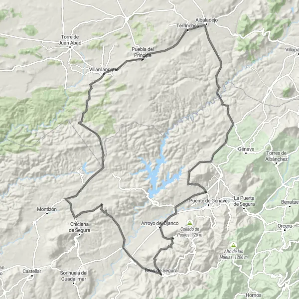 Miniatua del mapa de inspiración ciclista "Ruta de Ciclismo de Carretera épica cerca de Beas de Segura" en Andalucía, Spain. Generado por Tarmacs.app planificador de rutas ciclistas