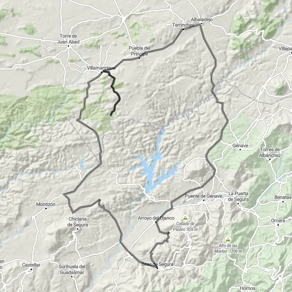 Miniatua del mapa de inspiración ciclista "Ruta en bicicleta por carretera desde Beas de Segura hasta Arroyo del Ojanco" en Andalucía, Spain. Generado por Tarmacs.app planificador de rutas ciclistas