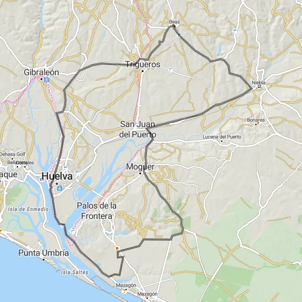Miniature de la carte de l'inspiration cycliste "Parcours routier de 99 km jusqu'à La Niña" dans la Andalucía, Spain. Générée par le planificateur d'itinéraire cycliste Tarmacs.app