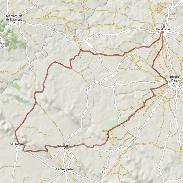 Miniatuurkaart van de fietsinspiratie "Gravelroute naar Valsequillo en Los Blázquez" in Andalucía, Spain. Gemaakt door de Tarmacs.app fietsrouteplanner