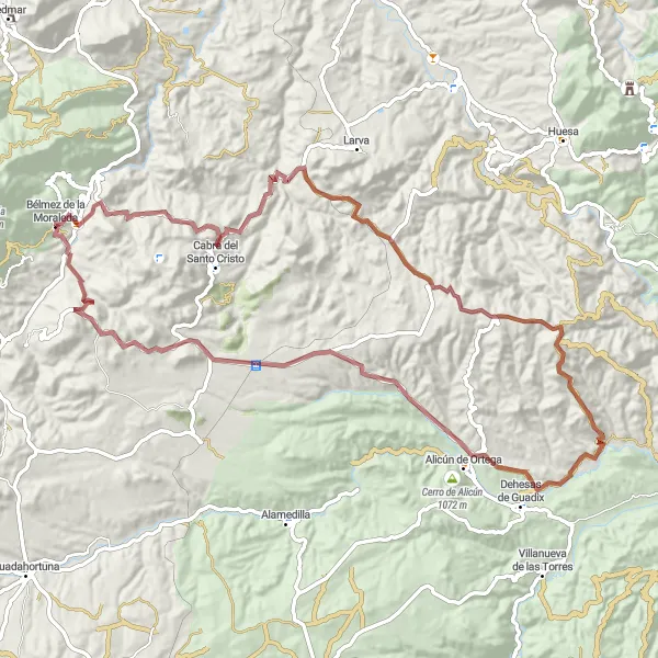 Miniatura della mappa di ispirazione al ciclismo "Rotta in bicicletta attraverso Bélmez e Alicún de Ortega" nella regione di Andalucía, Spain. Generata da Tarmacs.app, pianificatore di rotte ciclistiche