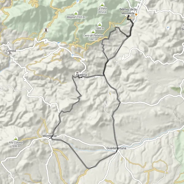 Miniatura della mappa di ispirazione al ciclismo "Avventura in bicicletta tra Bélmez e Huelma" nella regione di Andalucía, Spain. Generata da Tarmacs.app, pianificatore di rotte ciclistiche