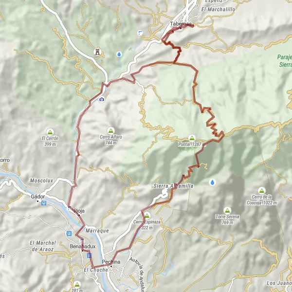 Miniature de la carte de l'inspiration cycliste "Expédition à gravier à travers l'Andalousie" dans la Andalucía, Spain. Générée par le planificateur d'itinéraire cycliste Tarmacs.app