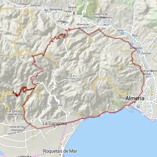Miniature de la carte de l'inspiration cycliste "Le Tour des Routes de Gravier" dans la Andalucía, Spain. Générée par le planificateur d'itinéraire cycliste Tarmacs.app