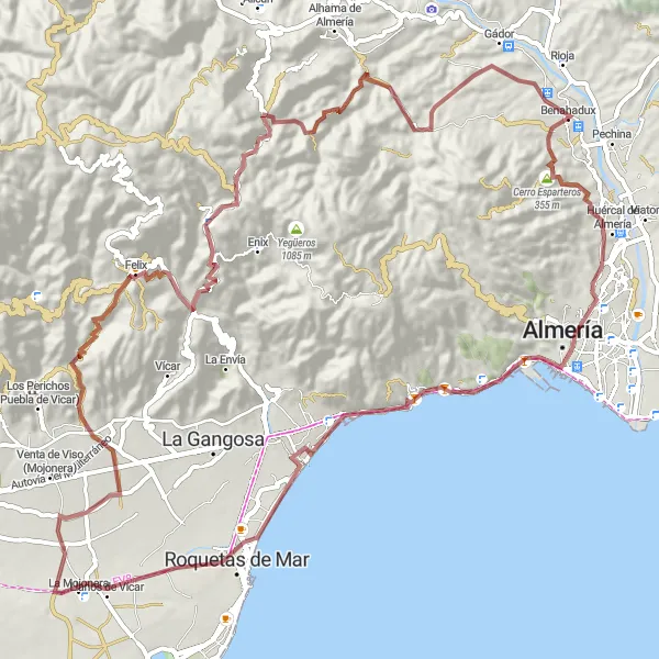 Miniature de la carte de l'inspiration cycliste "Aventure extrême dans l'aridité andalouse" dans la Andalucía, Spain. Générée par le planificateur d'itinéraire cycliste Tarmacs.app