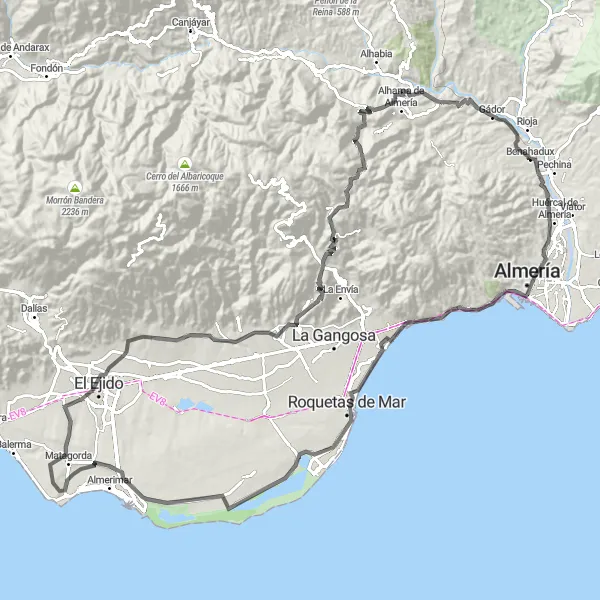 Miniature de la carte de l'inspiration cycliste "La Route des Montagnes Andalouses" dans la Andalucía, Spain. Générée par le planificateur d'itinéraire cycliste Tarmacs.app