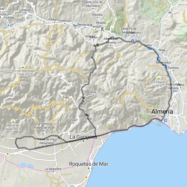 Miniatuurkaart van de fietsinspiratie "Ontdekking van San Telmo en Yacimiento Los Millares vanuit Benahadux" in Andalucía, Spain. Gemaakt door de Tarmacs.app fietsrouteplanner