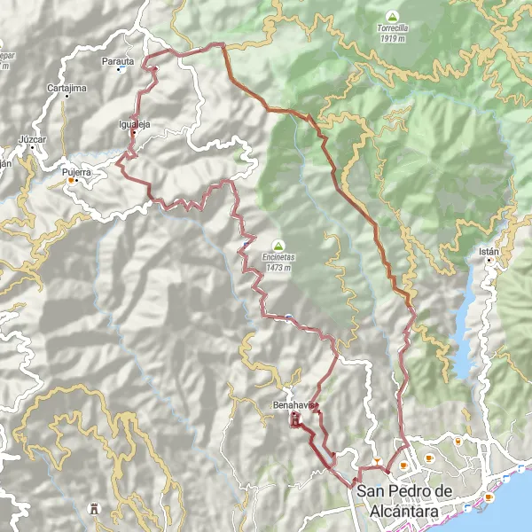 Miniatura della mappa di ispirazione al ciclismo "Giro in bicicletta verso Mirador del Tajo del Novio" nella regione di Andalucía, Spain. Generata da Tarmacs.app, pianificatore di rotte ciclistiche