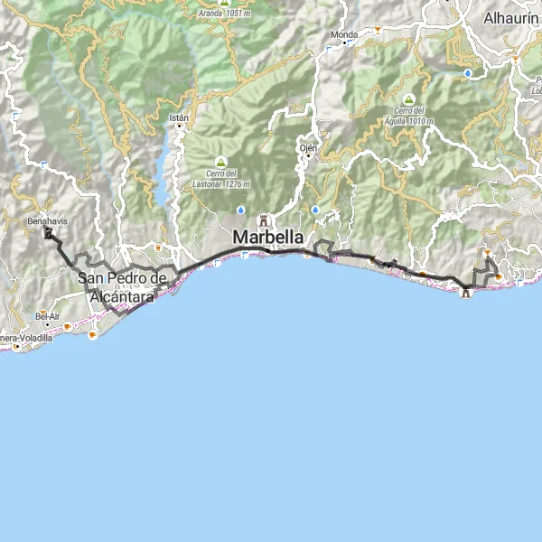 Miniatura della mappa di ispirazione al ciclismo "Giro in bicicletta verso Marbella" nella regione di Andalucía, Spain. Generata da Tarmacs.app, pianificatore di rotte ciclistiche