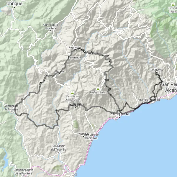 Miniatua del mapa de inspiración ciclista "Ruta de las montañas y pueblos blancos" en Andalucía, Spain. Generado por Tarmacs.app planificador de rutas ciclistas