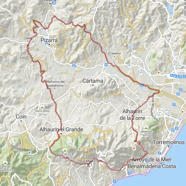 Miniatura della mappa di ispirazione al ciclismo "Verso le colline di Mijas e oltre" nella regione di Andalucía, Spain. Generata da Tarmacs.app, pianificatore di rotte ciclistiche