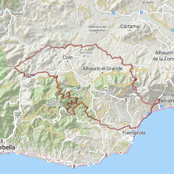 Miniature de la carte de l'inspiration cycliste "Aventure gravel à Monda et Sierra Gorda" dans la Andalucía, Spain. Générée par le planificateur d'itinéraire cycliste Tarmacs.app