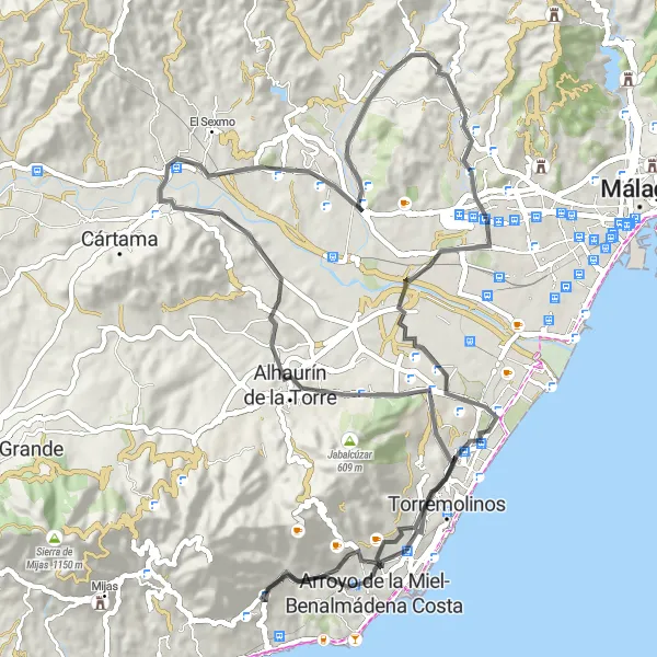 Miniatura della mappa di ispirazione al ciclismo "Da Benalmádena al Cerro de la Lanza" nella regione di Andalucía, Spain. Generata da Tarmacs.app, pianificatore di rotte ciclistiche