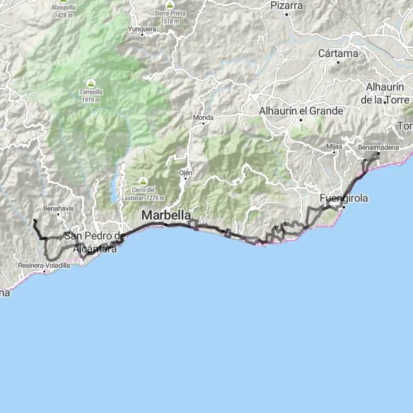 Miniatura della mappa di ispirazione al ciclismo "Da Benalmádena alla Cala de Mijas" nella regione di Andalucía, Spain. Generata da Tarmacs.app, pianificatore di rotte ciclistiche